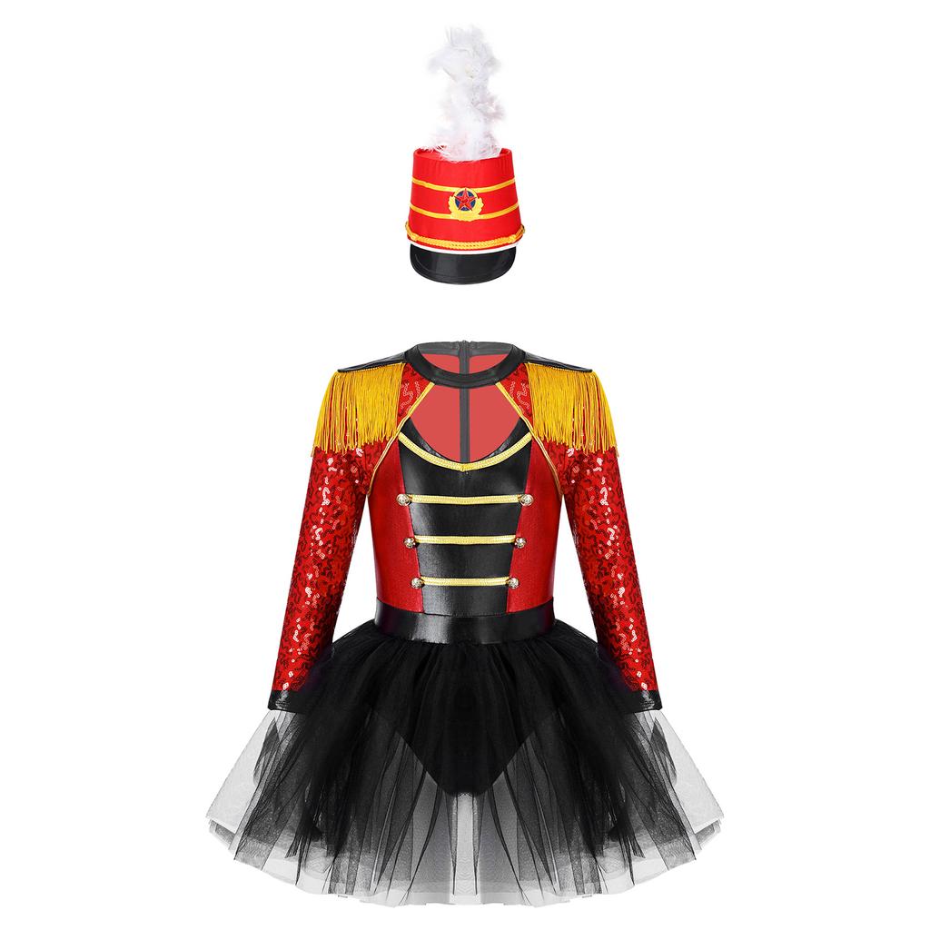 Kids Honor Guard Costume Long Sleeve Tassel Shoulder Zipper Tutu Leotard Feather Hat Ceremonial Dress Up Outfit