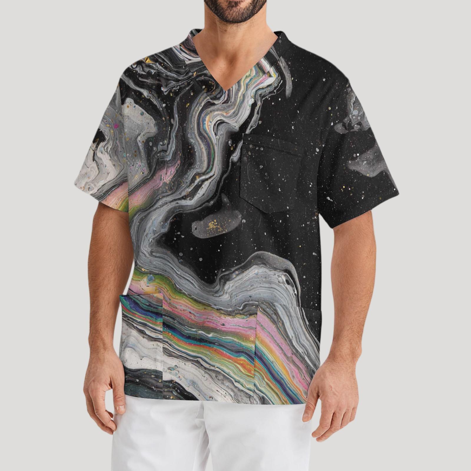 

Мужская рабочая блузка с короткими рукавами и v-образным вырезом с принтом, топ с нагрудным карманом L