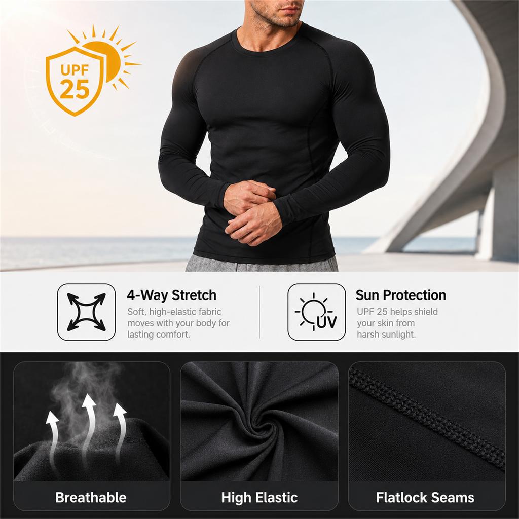 Men's Compression Long Sleeve Shirt Athletic Training Top Quick Dry Breathable High Stretch Base Layer for Running Basketball