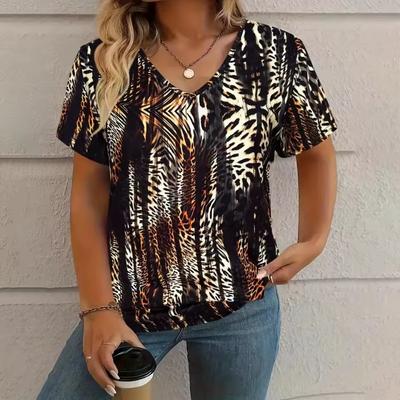 T-shirt Vintage pour Femmes Imprimé Graphique 3D Été Décontracté Col en V Manches Courtes T-shirts Mode Féminine Extérieur Surdimensionné