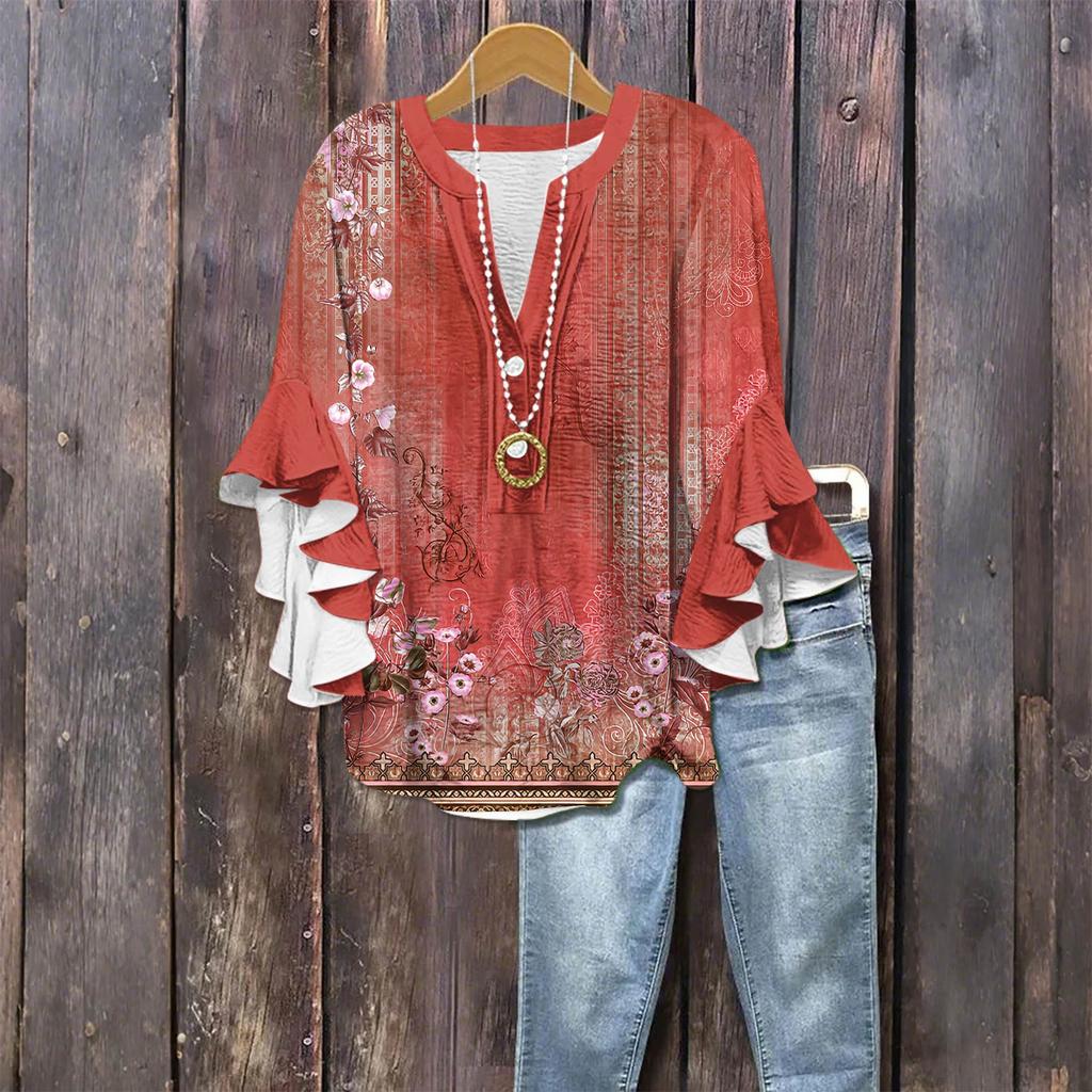 Modă Femei Casual Buton Gât V Mânecă Șapte Bluză Top Imprimeu Vintage