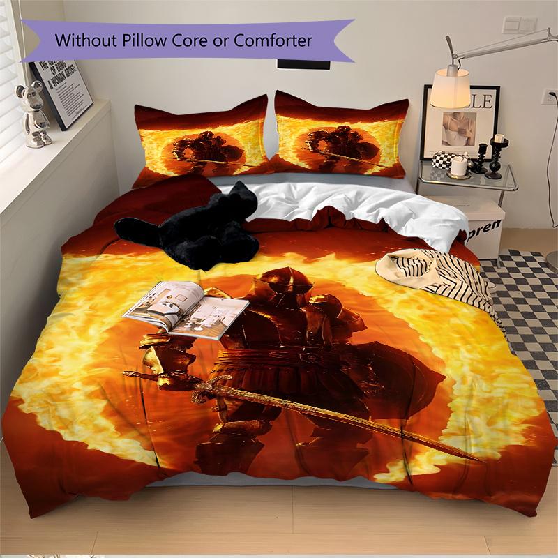 3pcs Flaming Armor Fantasy Warrior Home Decor Bedding Set-Perfect for Bedroom, Guest Room, Living Room, Hotel, Festive Gift, Fans, Travel, D