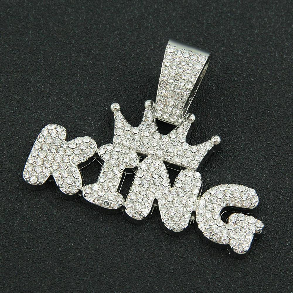 Hip Hop Crown with KING Letter Pendant Necklace For Men Crystal Cuban Chain Iced Out Bling Hiphop Necklaces Rock Biker Jewelry