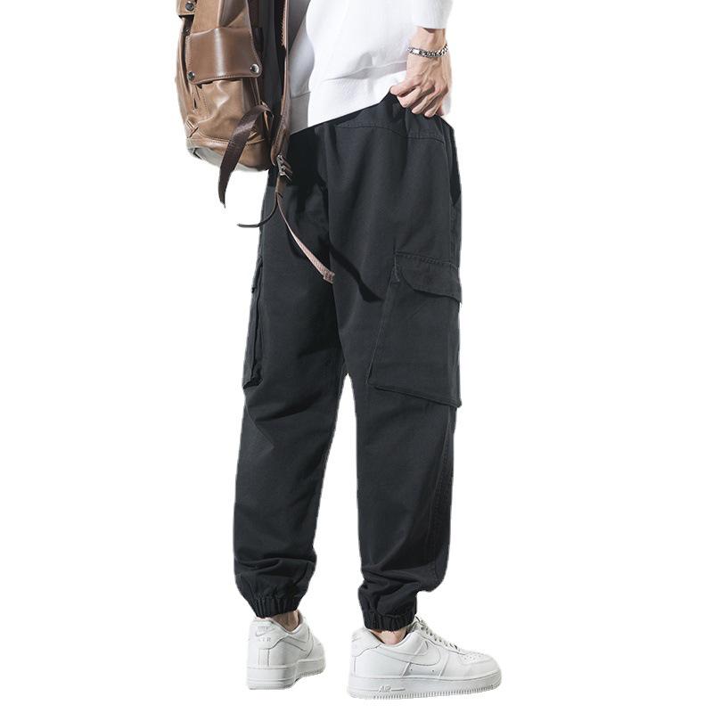 Lingrui Japanese Men's Loose Fit Trendy Wide-Leg Elastic Waist Multi-Pocket Overalls