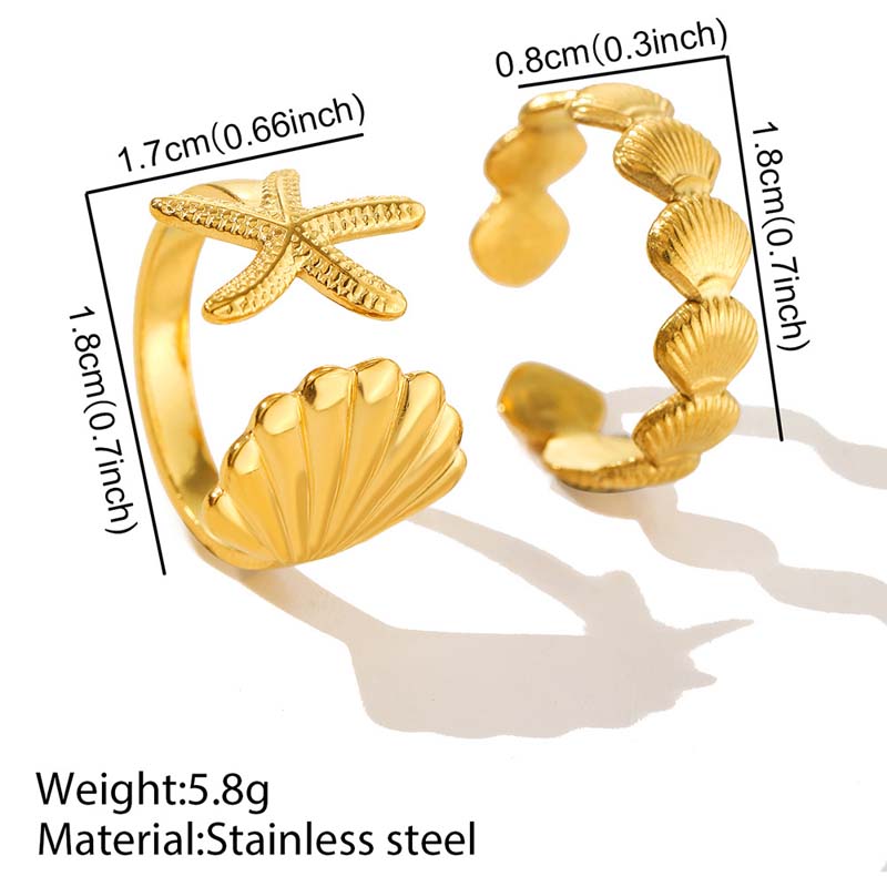 Stainless Steel Sea Star Shell Open Rings For Women Men Vintage Gold Color Adjustable Finger Ring Jewelry Beach Party Gifts
