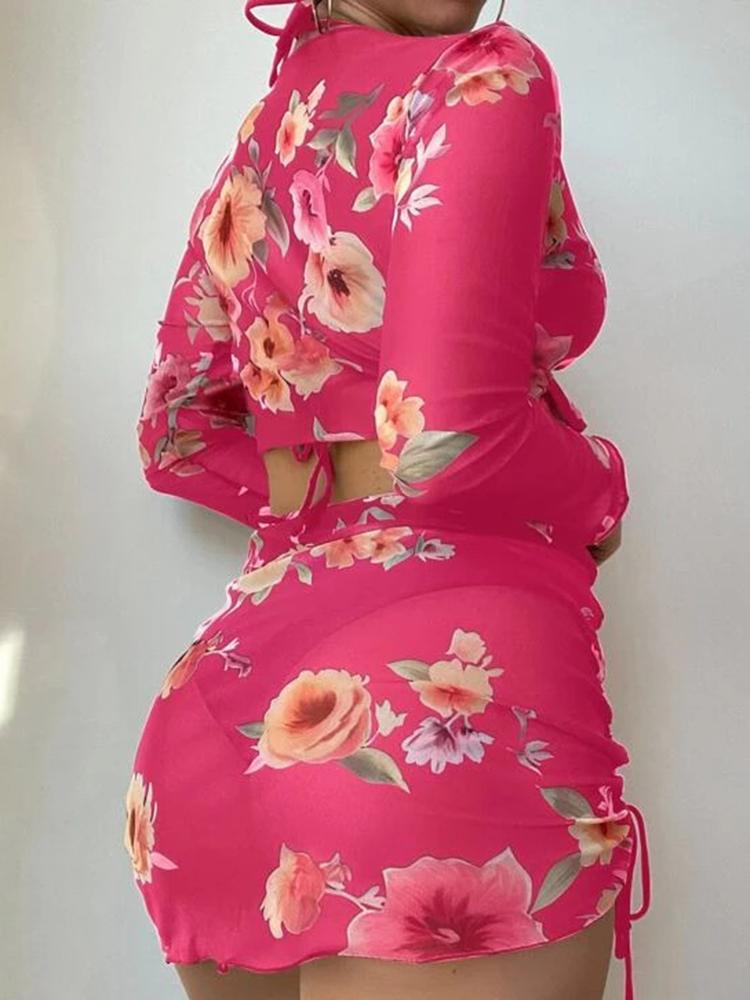 Circyy Four-piece Bathing Suit Women Beachwear Backless Lace Up Bikini Set Printed Drawstring Cover-Ups Wrap Skirt Summer 2025