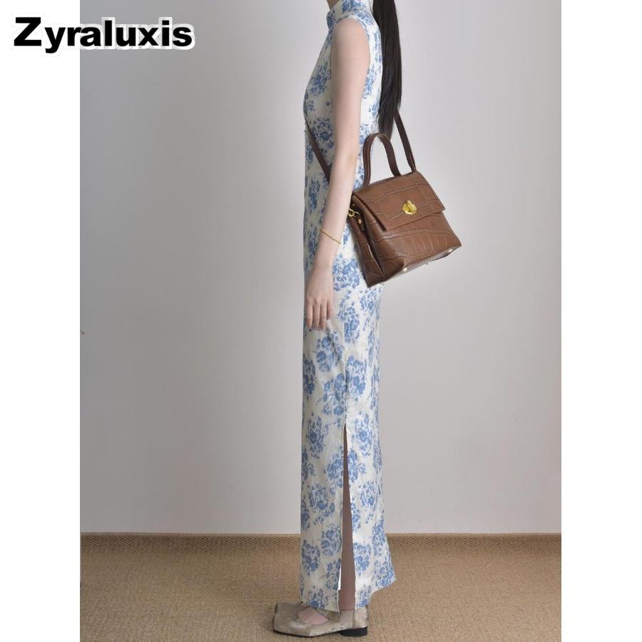 New Style Blue and White Porcelain Floral Sleeveless Modified Cheongsam Summer Waist-Defined Gored Back Peplum Dress