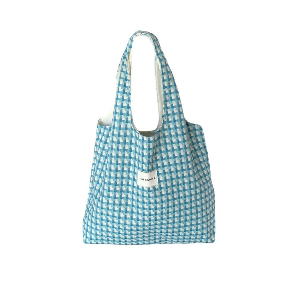 Korean Refreshing Lake Blue Shopping Bags Fashion Plaid Handheld Shoulder Bag Student Class Cloth Bag