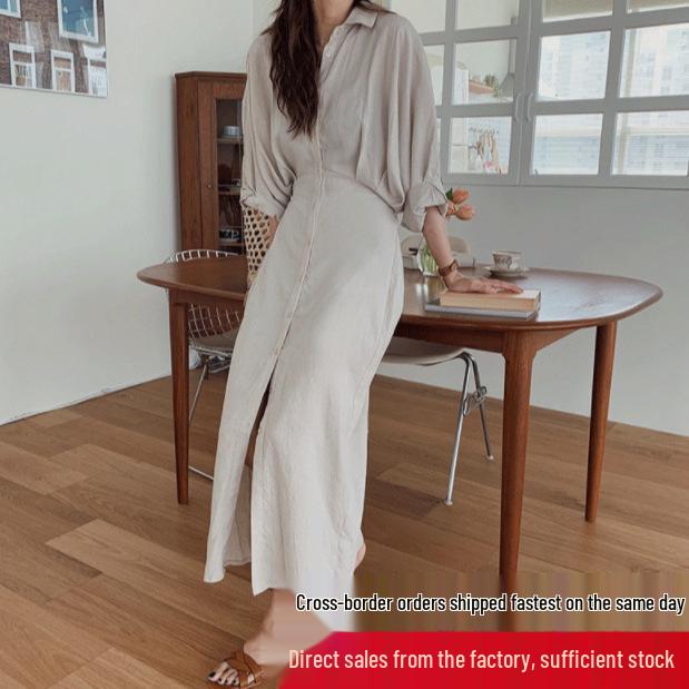 2026 Spring/Summer French Retro Over-the-Knee Lace-up Dress with Batwing Three-Quarter Sleeves