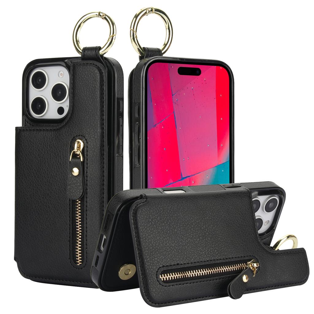 Zipper Wallet with Card Holder Ring Leather Phone Case for iPhone 16 15 14 11 Pro Max XS XR 7 8 Plus 13 12 Mini Protective Cover