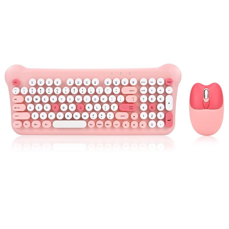 Round Keys Cute 2.4GHz Bluetooth Wireless Keyboard Mouse Set Wireless Keyboard and Mouse Combo for Computer PC Laptop Pink