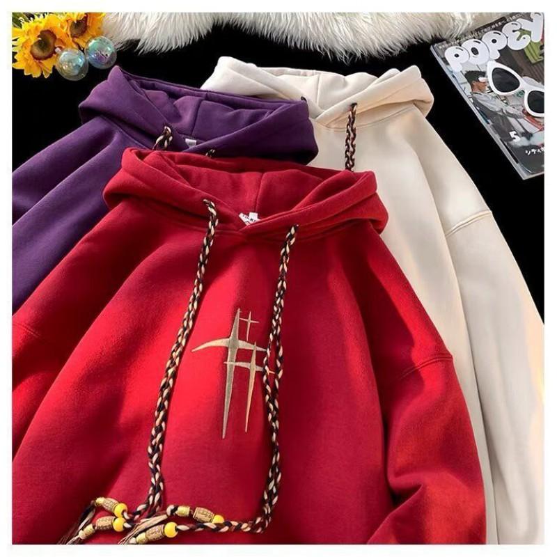 Unisex Hooded Oversized Fleece-Lined Cotton Sweatshirt Winter Warm Streetwear Print Pullover Teens Adults