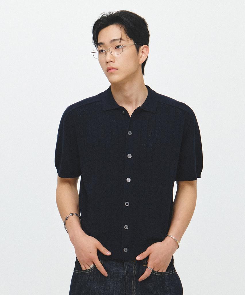 ECORR Front Cable Cropped Short Sleeve Knit Cardigan_Navy