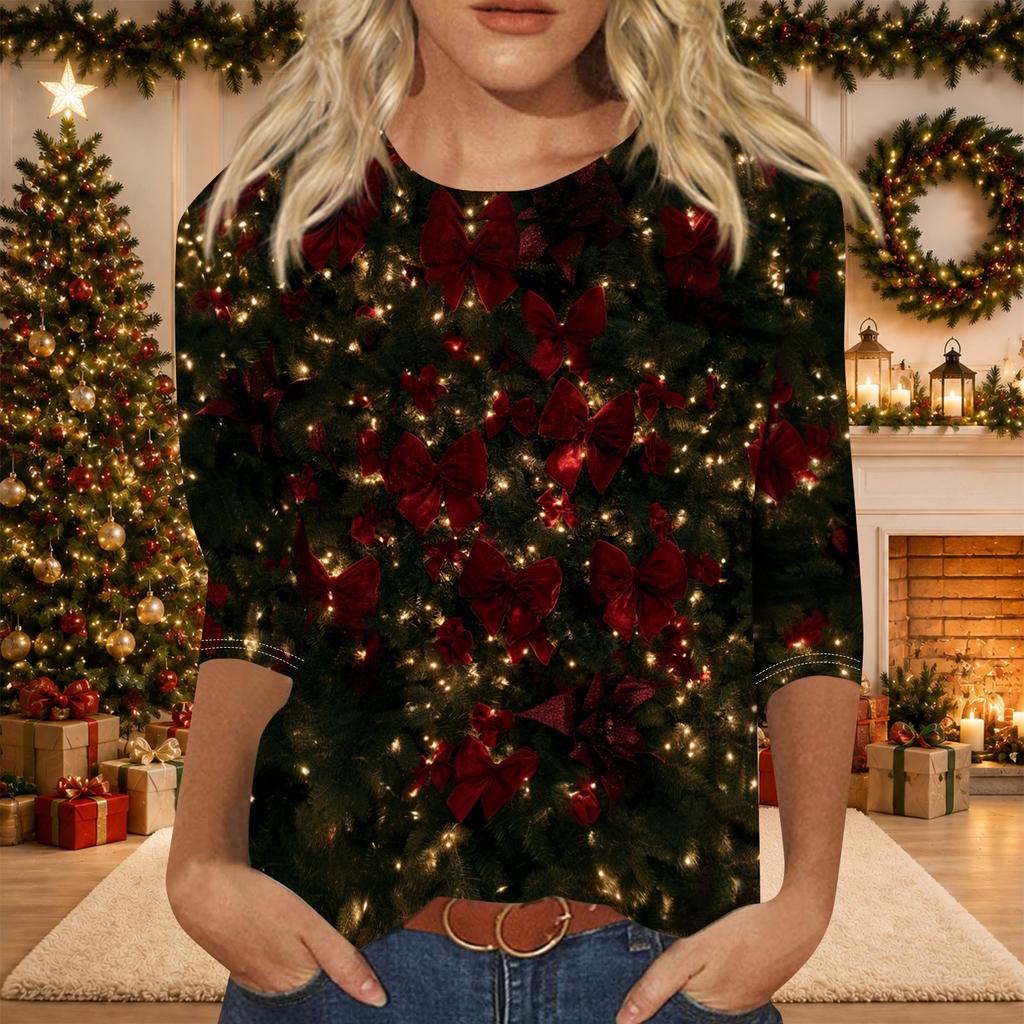 Women's Casual Three-Quarter Sleeve Christmas Print Neck Top for Giving