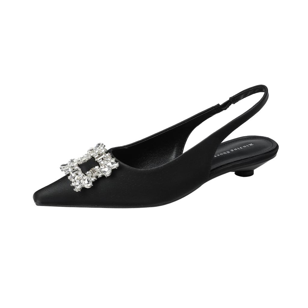 139-6 Flash Diamond Pointed Low Heel Single Shoes Spring and Summer New French Shallow Mouth Square Buckle Rear Empty Flat Sole Single Shoes Women's