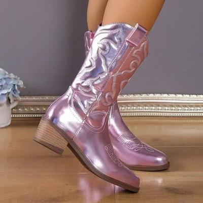 Women Fashion Zipper Knight Boots Ladies Autumn Thick Sole Chunky Heels Retro Boots Pointed Toe Shoes Embroidered Cowboy