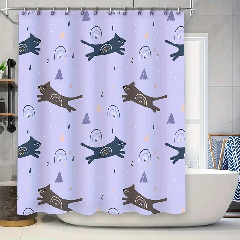 

Whimsical Cats Shower Curtain For Bathroom Decor Lavender Color With Blue Brown Cats Print Waterproof Fabric, Perfect Decoration W60H190(CM)-1 Pcs