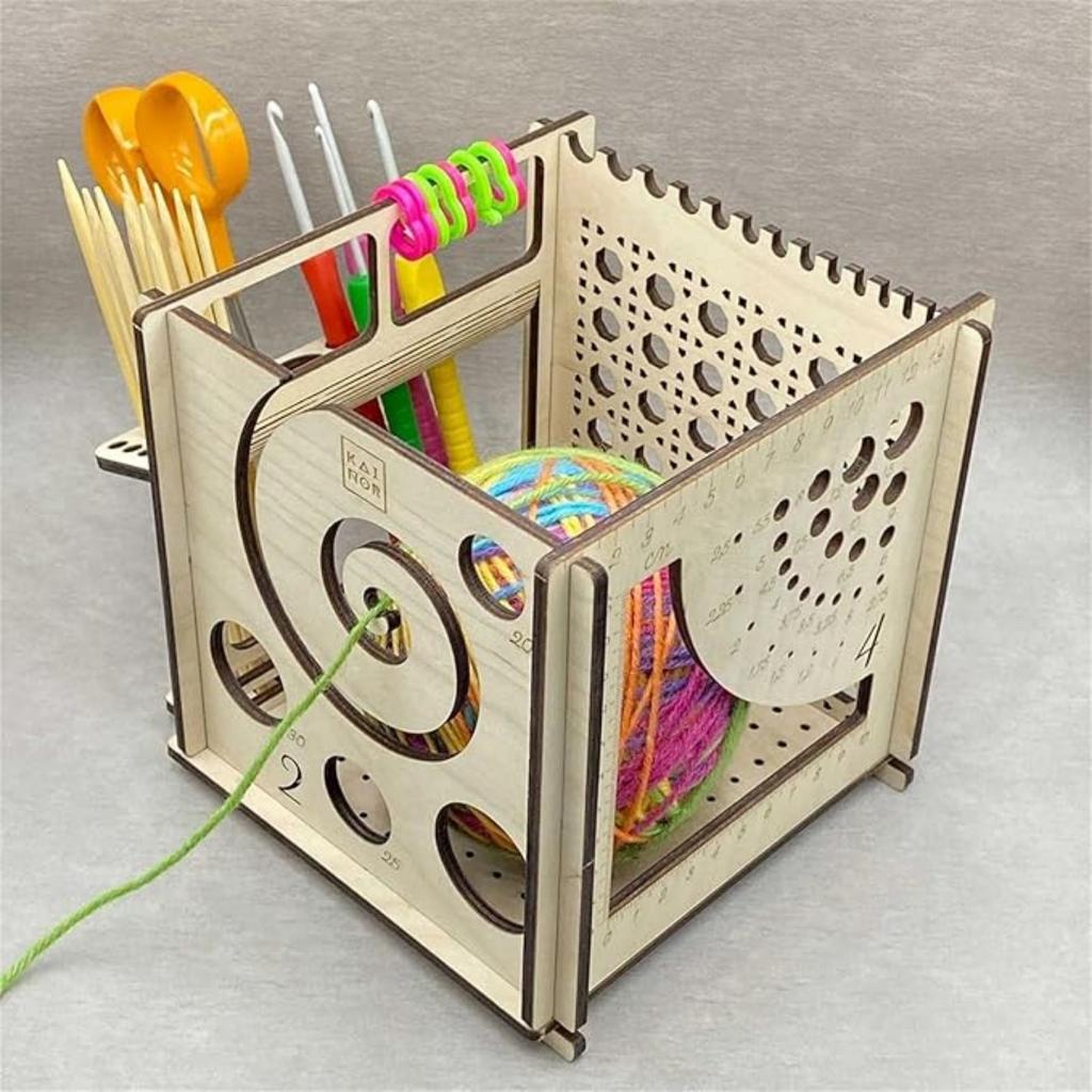 Partslety Wooden Yarn Bowl Knitting Bowl, Multi-Functional Knitting Needles Scissors Holder, All In One Yarn Storage Organizer