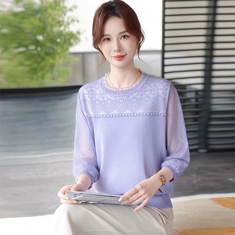 Women s Summer Beaded Knit Top with Lace Collar and Gauze Sleeves, Plus Size L (for 80-100 jin)
