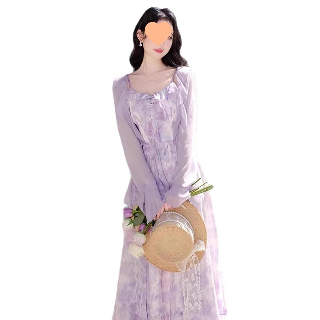 Elegant Purple Suspender Dress & Sun Protection Cardigan Set