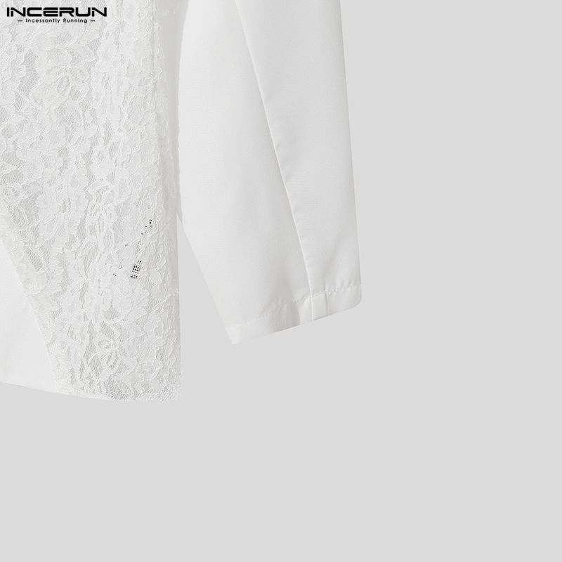 INCERUN Herren Tiefer V-Ausschnitt Langarm Spitze Patchwork Kapuzen Party Blazer Mäntel