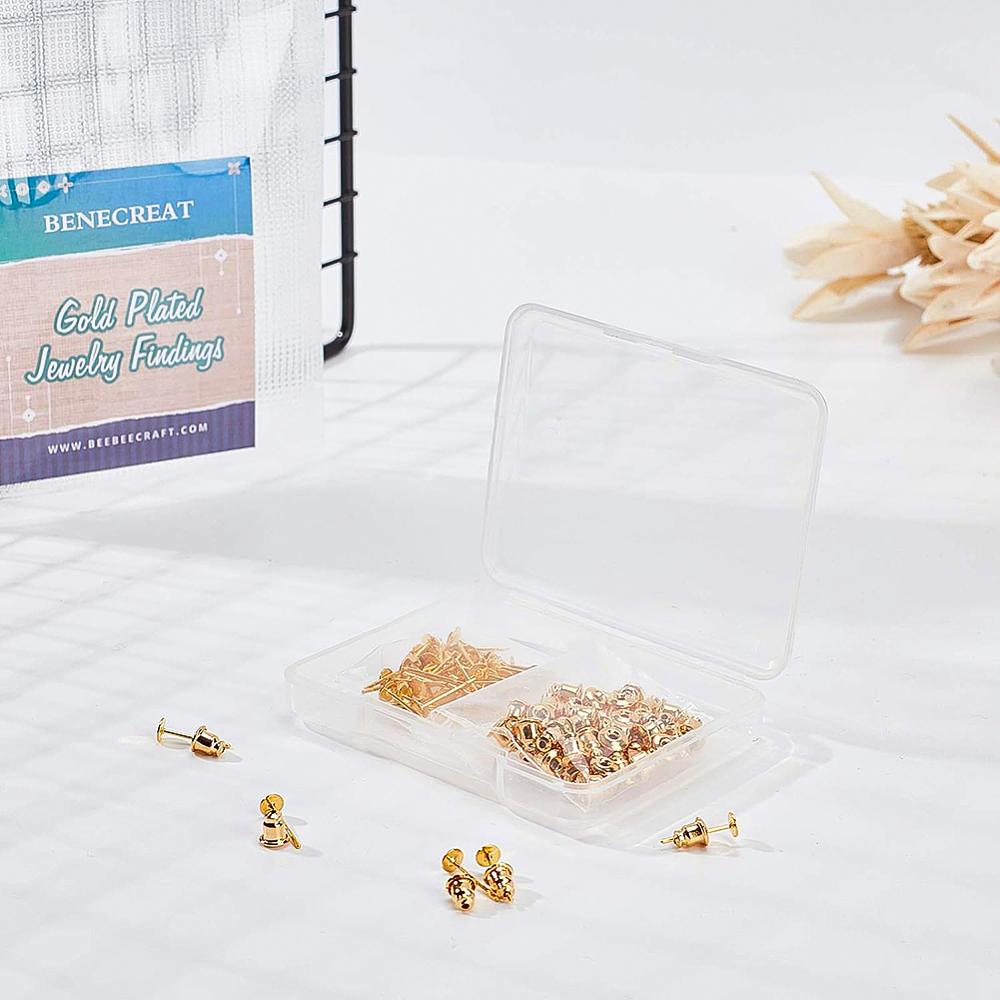 Brass Stud Earring Findings, with Stainless Steel Pin and Brass Ear Nuts, Golden, 100pcs/box