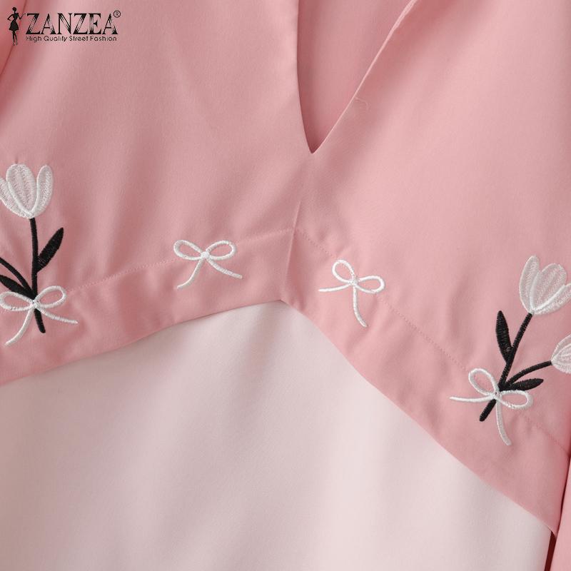 ZANZEA Women Casual V-Neck Loose 3/4 Sleeve Embroidery Blouse