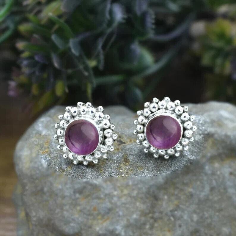 Purple Amethyst Gemstone Earrings 925 Sterling Silver Handmade Studs Earrings