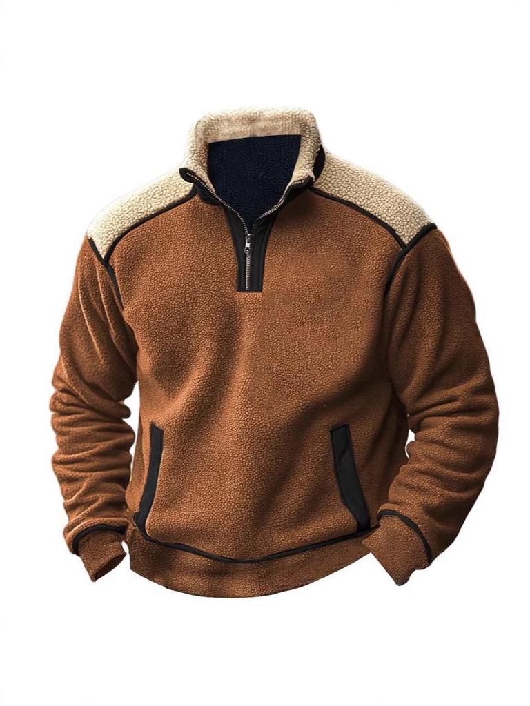 2025 Men's Retro Color Block Stand Collar Lambswool Zipper Sweatshirt - Autumn/Winter Collection