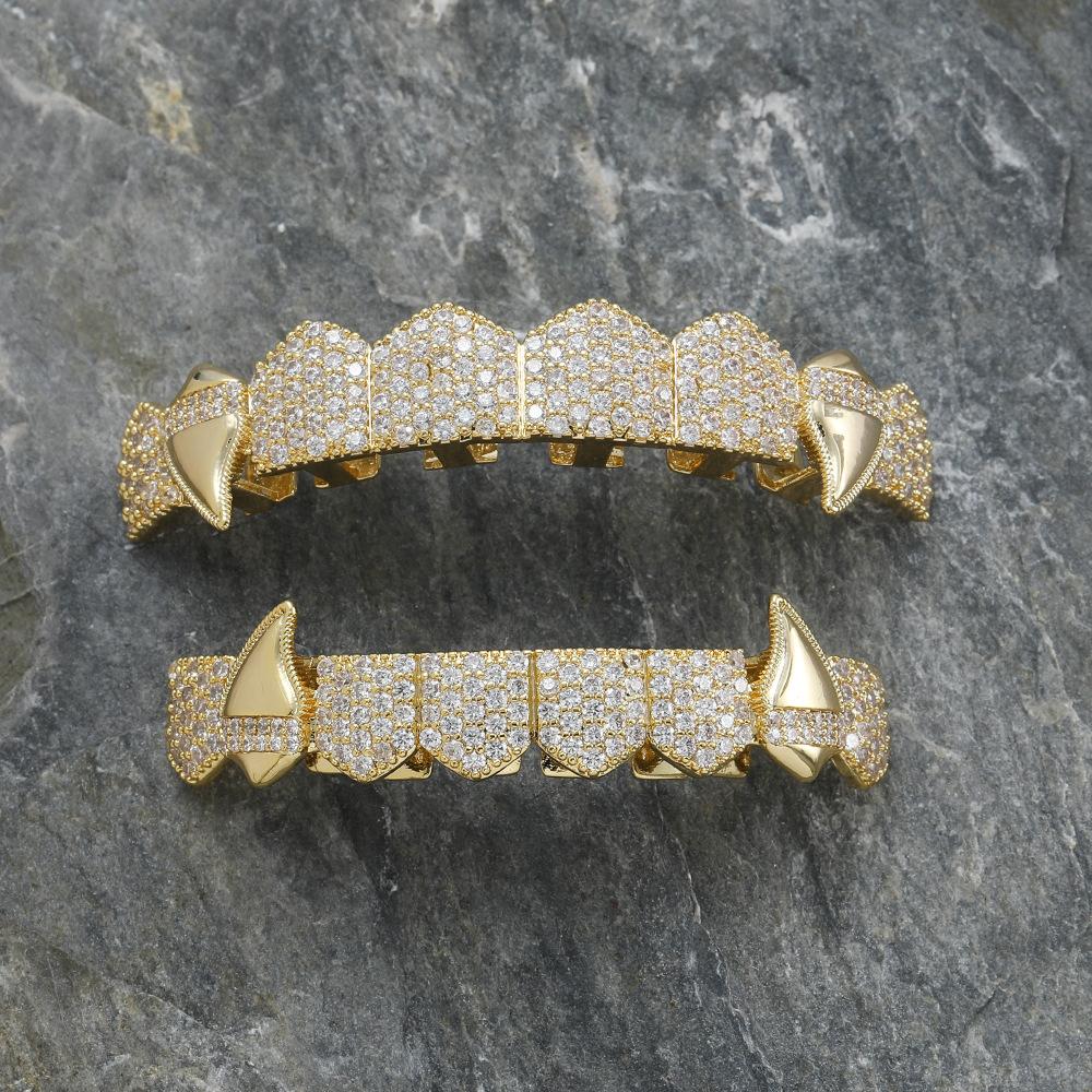Htpwe Hip Hop Full CZ Stones Teeth Grillz Caps Cubic Zircon Iced Out Micro Pave Top&Bottom Charm Grills For Men Women Zircon