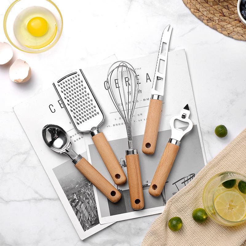 Small Kitchenware Set: Wooden Handle Gadgets with Pizza Knife, Cheese Knife, and Stainless Steel Egg Beater