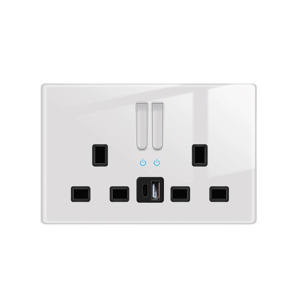 White LED Indicator Light Switch Panel Glass Piano Key Self-reset Wall Switch socket,UK Universal USB Type-C Electrical Outlet