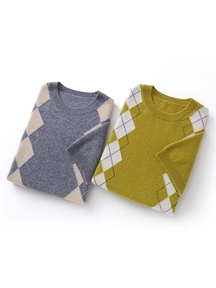Pure Cashmere Color Block Knitwear with Diamond Pattern