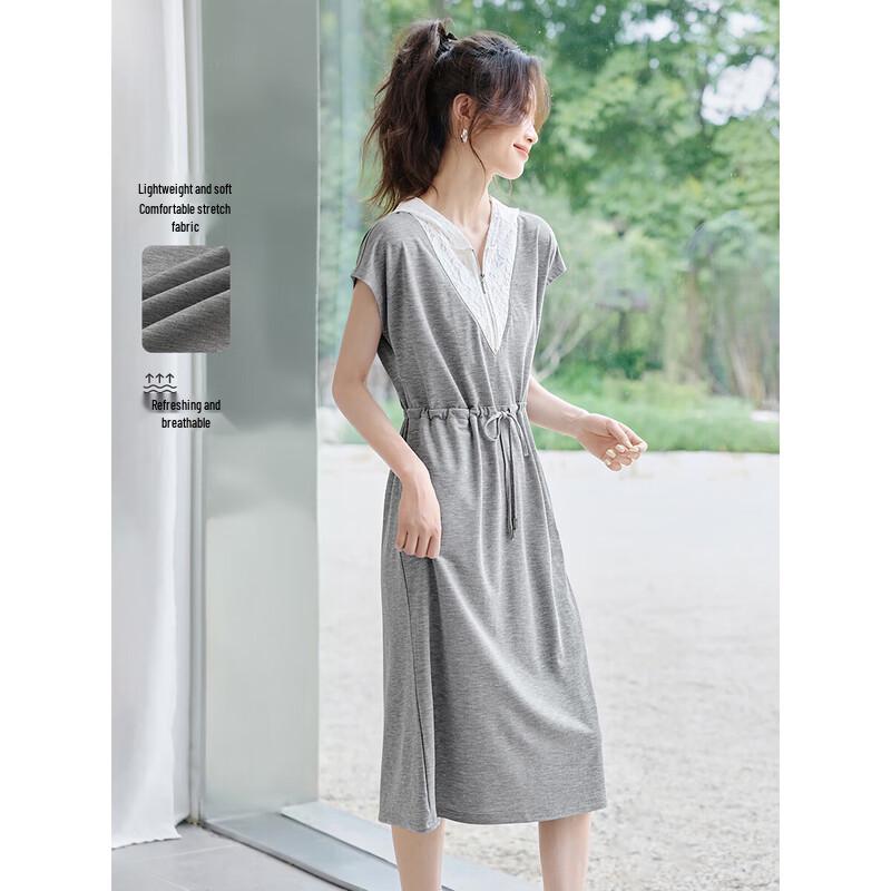 Mohan Yimei Women s Hooded Lace Patchwork Midi Dress L серый