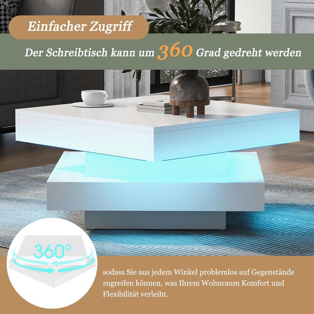 Coffee Table White High Gloss Modern Swivel Top, White 16-Color LED Lighting, Techno Style, Sofa Table, Coffee Table, 70x70x36cm