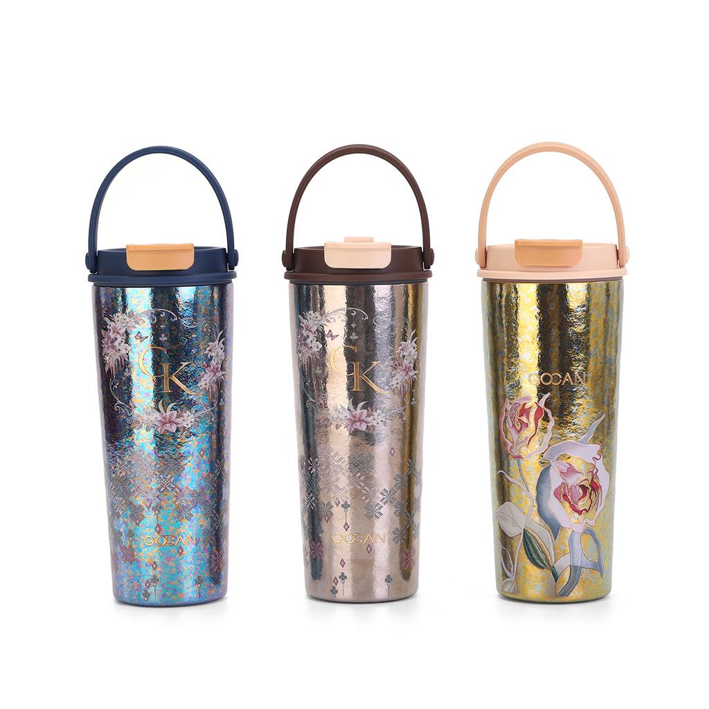 New portable handle pure titanium thermos cup straw sealed leak-proof coffee cup light luxury non-slip printing double drink titanium cup