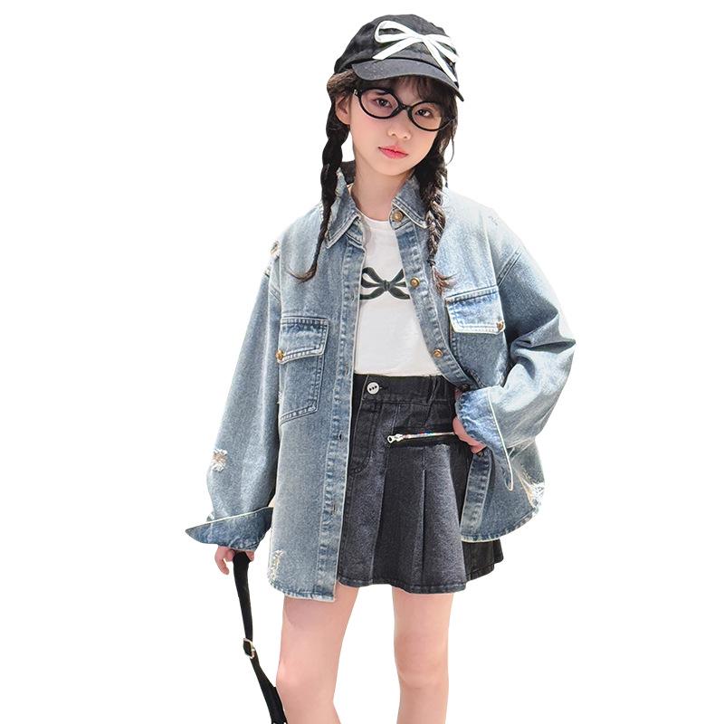 Big Girls' Fashion-Forward Distressed Denim Shirt Jacket - Spring/Autumn 2025