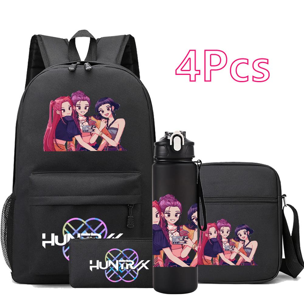4Pcs/set Cartoon K-pop Printed Backpack Large Capacity Bookbag Shoulder Bag Case Bag with 750ml Water Bottler Boy Girl School Bag Kid Gift