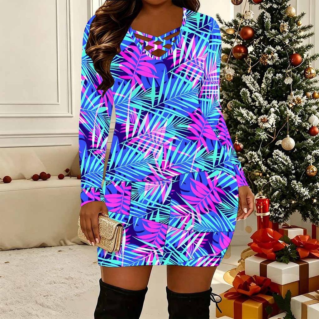 Women Plus Size Long Sleeve V Neck Crisscross Hollow Bodycon Mini Club Evening Dress