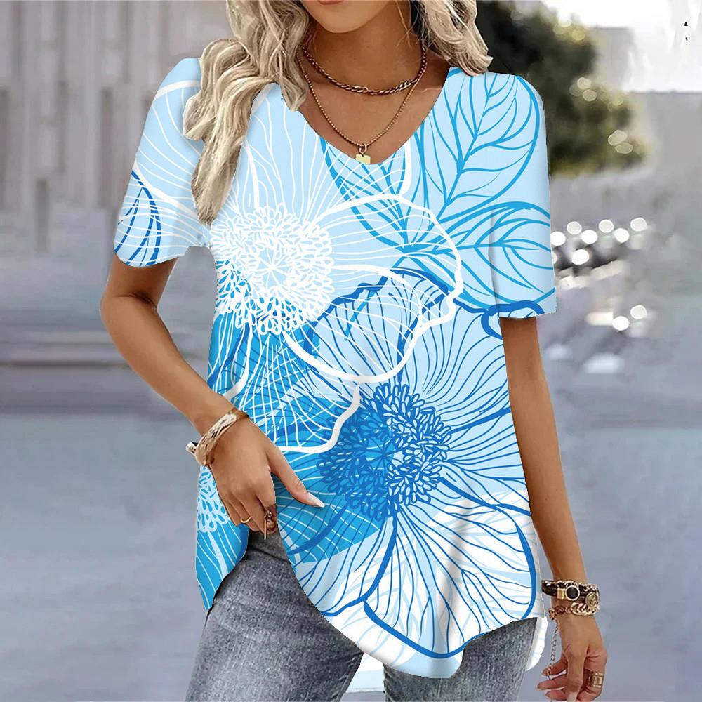 Women's T-shirt 3D Floral Pattern Printing Casual Short-sleeved V-neck Loose Top