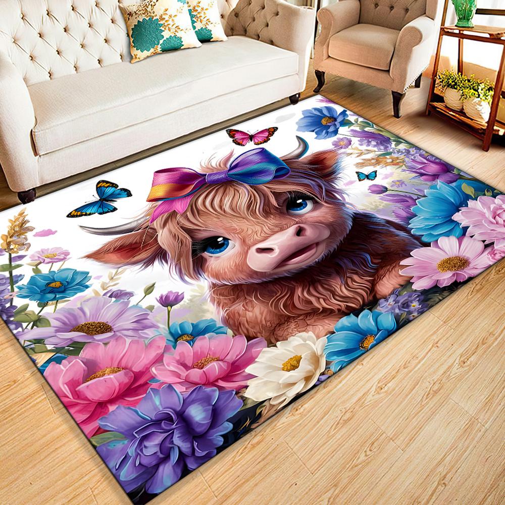 1pc Polyester  Cute Highland Cow and Butterfly Print Area Rug - Durable  Crystal Velvet Carpet for Living Room, Game