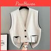 Korean Fashion Women Sweaters Pop Vest Spring Autumn Solid Vneck Pocket Button Patchwork Loose Sleeveless Cardigan Knitting