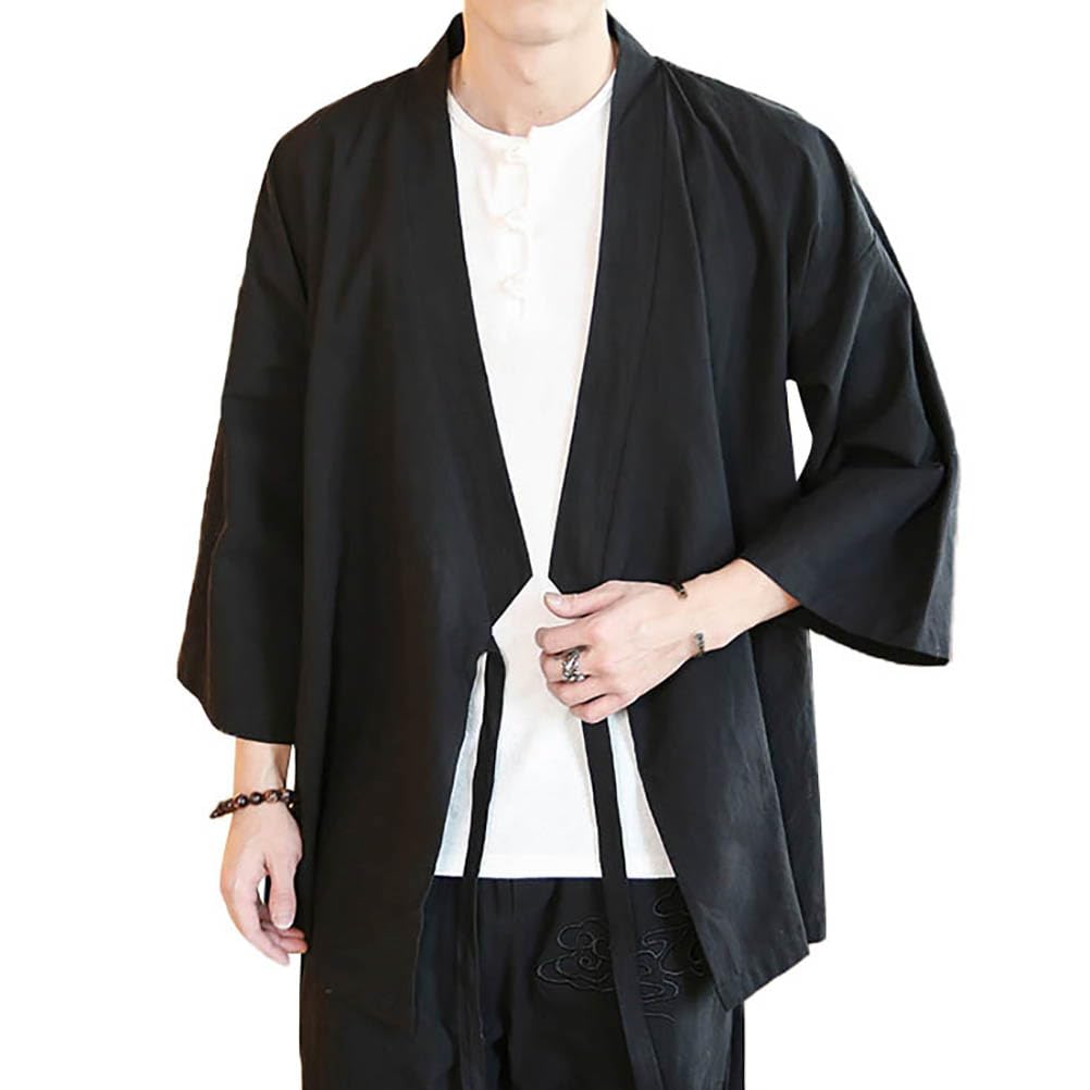 Breathable Men's Japanese-style Cardigan, Open-necked, Haori, Cotton-linen, Jinbei-style, 3/4-sleeve, Summer/Autumn, Yukata, Kimono, Jacket, Casual,