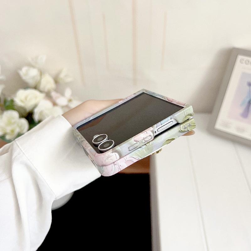 Embossed Watercolor Flower Samsung Z Flip6/5/7 Case with Anti-Lost Wrist Strap