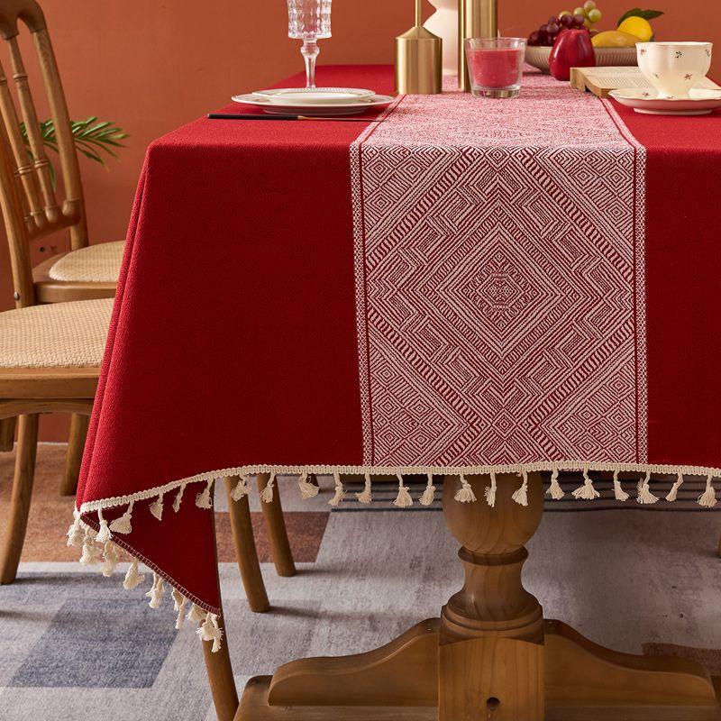 

Красный журнальный столик Свадебная скатерть Прямоугольная скатерть Праздничное свадебное торжество Украшение Покрывало Ткань Атмосфера Доступная роскошь Hehe Meimei + Tassel 140*140cm (generous table)