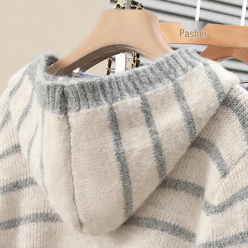 Women's Wool Blend Hooded Color Block Stripe Sweater