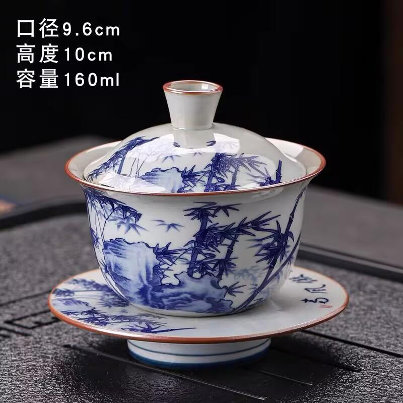 Blue And White Sancai Cover Bowl Ceramic Kung Fu Tea Set Teacup Household Tea Making Large Cover Bowl Anti-Scalding Tea Bowl