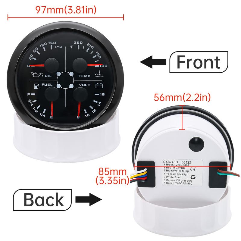 85mm Oil Pressure Water Temperature VOLT Fuel Gauge With Flashing Alarm Light 0-190/240-33ohm 4 In 1 Meter For Car Boat 12/24V