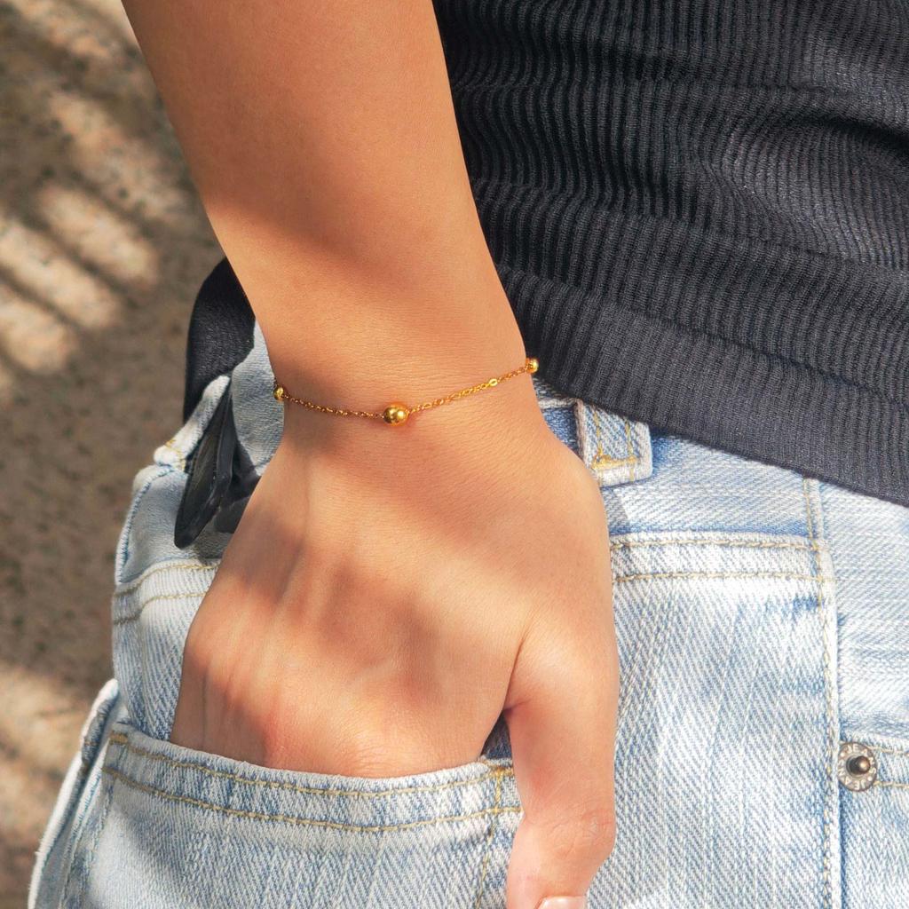 Minimalist Stainless Steel Ball Beads Bracelet, Waterproof 18K Gold Plated Cross Chain Bracelet for Women Trendy Jewelry