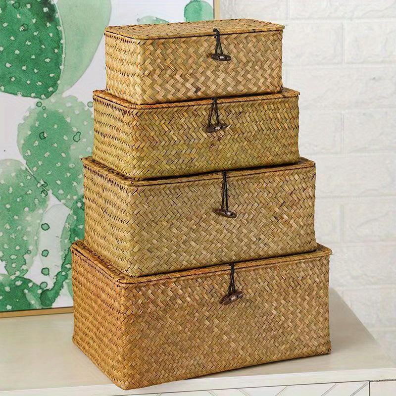 Brown/beige/coffee 3-pieces Set Grass Woven Home Sundry Storage Box with Lid Cover buckle,toy&Towel&Dirty Clothes Collecting Basket Container.